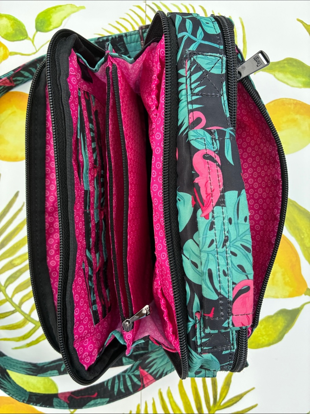 Lug Flamingo Print Crossbody Bag - Black, Pink & Teal - Picture 2 of 15